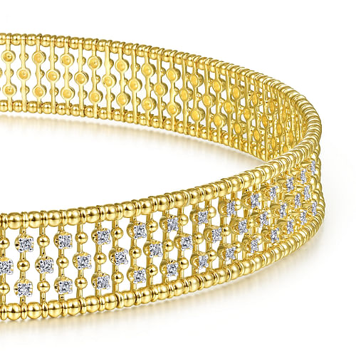 14K Yellow Gold Wide Diamond Station Choker Necklace with Bujukan Beads, 13.5+2 inch