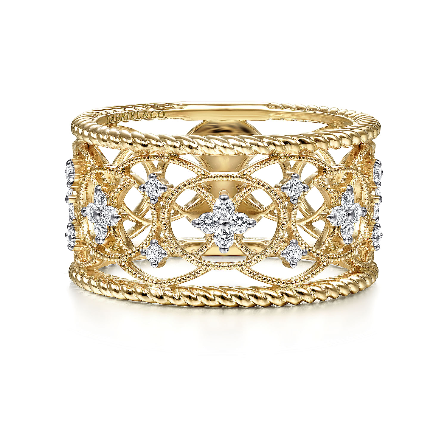 Gabriel - 14K Yellow Gold Wide Open Work Diamond Ring with Twisted Rope Edge