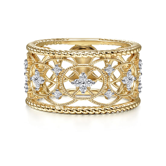 Gabriel - 14K Yellow Gold Wide Open Work Diamond Ring with Twisted Rope Edge