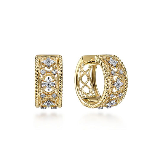 Gabriel - 14K Yellow Gold Wide Twisted 15mm Intricate Diamond Huggies