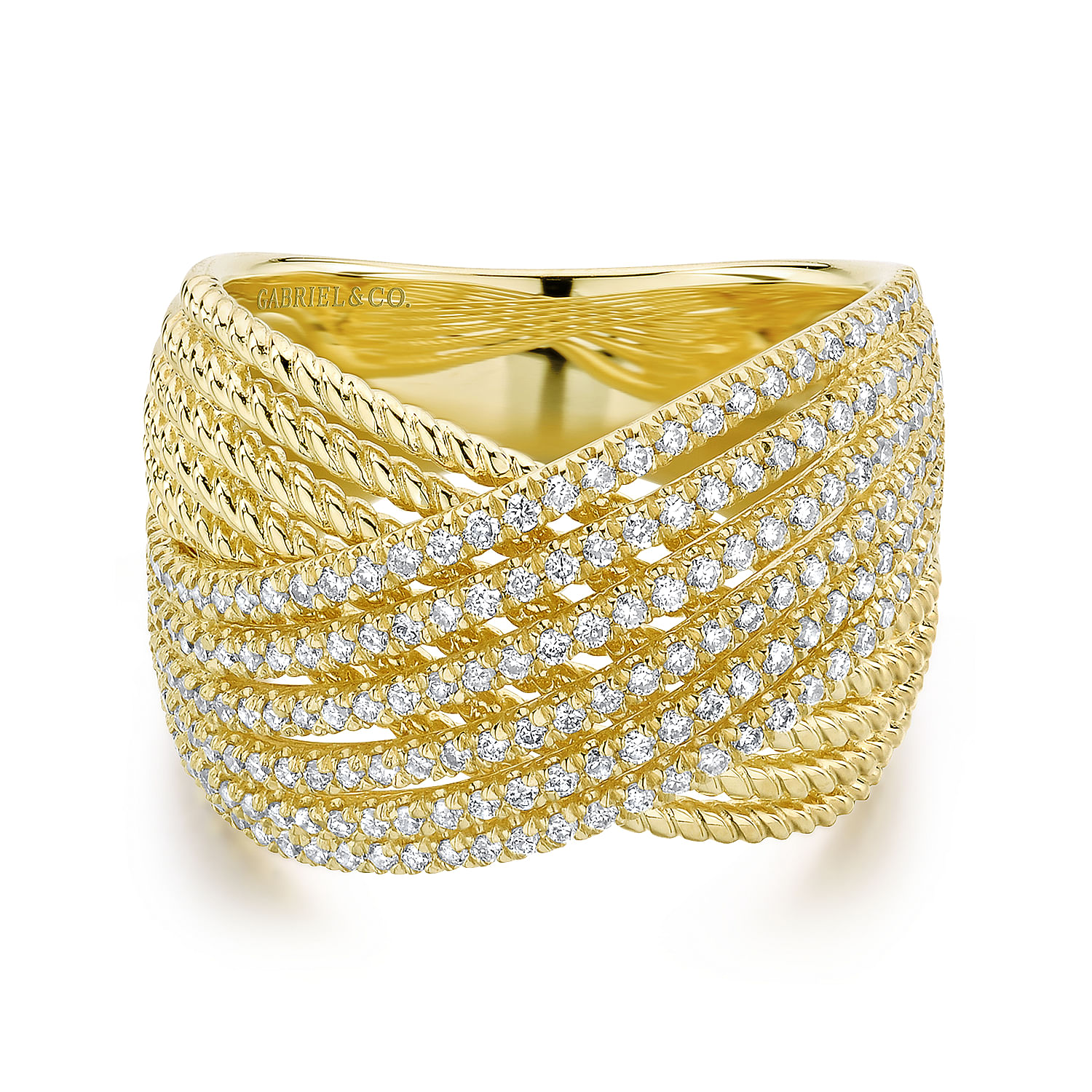 Gabriel - 14K Yellow Gold Wide Twisted Rope and Diamond Channel Criss Cross Ring