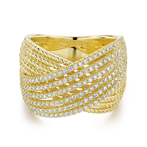 14K Yellow Gold Wide Twisted Rope and Diamond Channel Criss Cross Ring