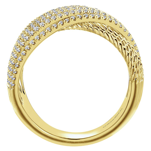 14K Yellow Gold Wide Twisted Rope and Diamond Channel Criss Cross Ring