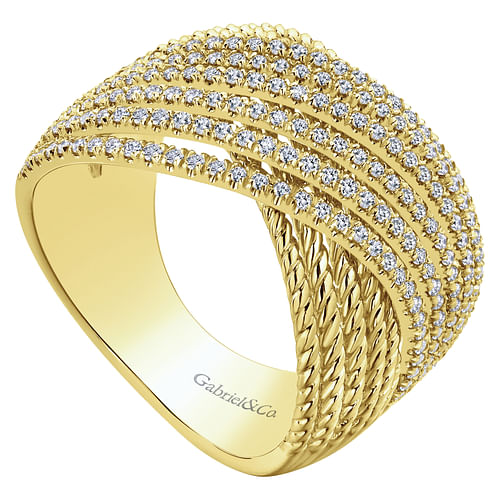 14K Yellow Gold Wide Twisted Rope and Diamond Channel Criss Cross Ring