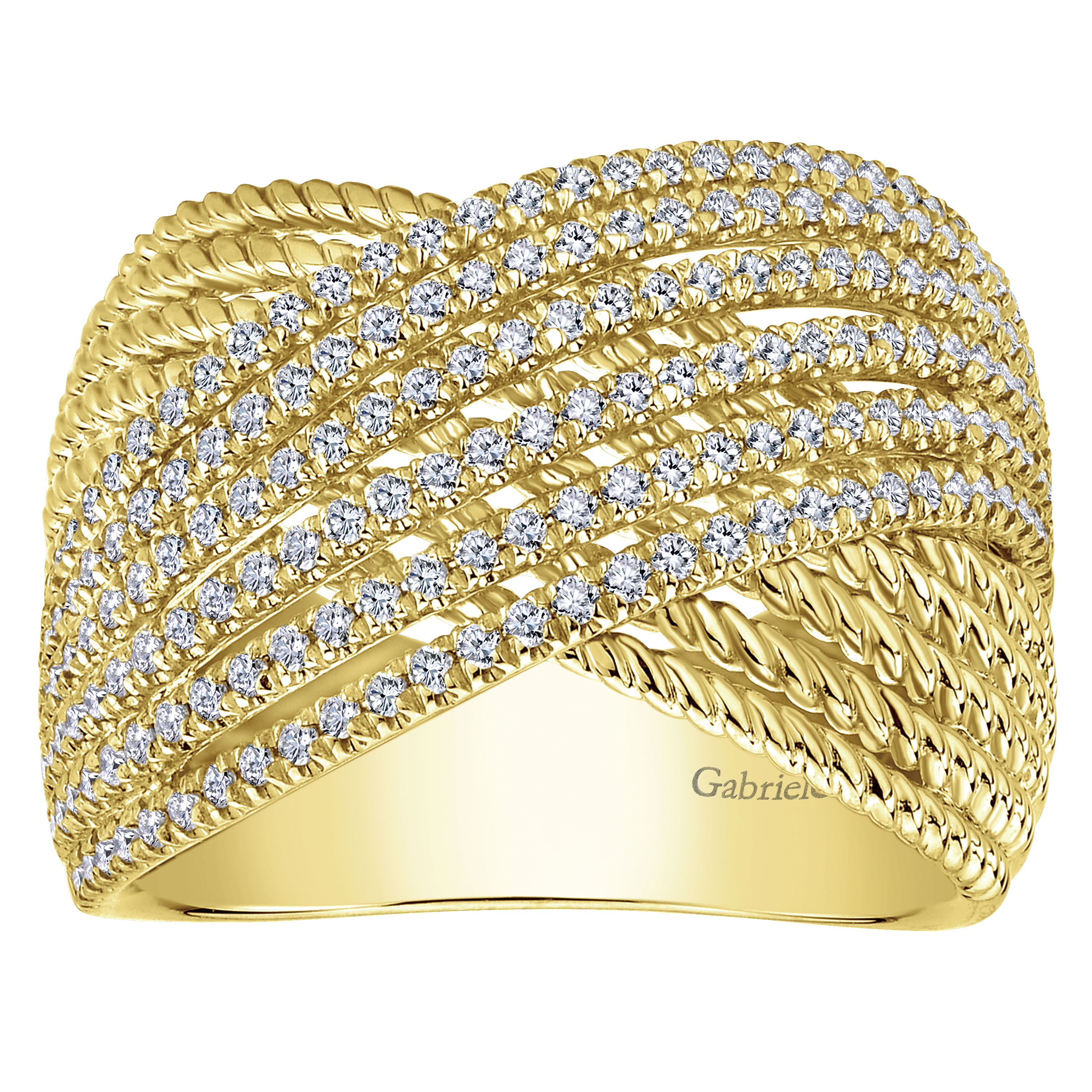 14K Yellow Gold Wide Twisted Rope and Diamond Channel Criss Cross Ring