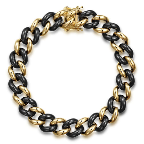 14K Yellow Gold and Black Ceramic 10mm Hollow Cuban Link Tennis Bracelet 