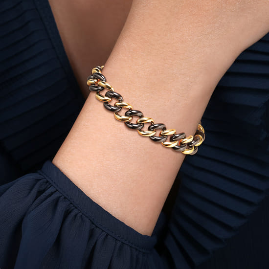 14K Yellow Gold and Black Ceramic 10mm Hollow Cuban Link Tennis Bracelet  angle 3