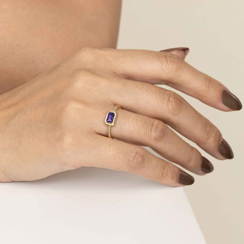 14K Yellow Plain Gold Bujukan And Amethyst Stackable Promise Ring