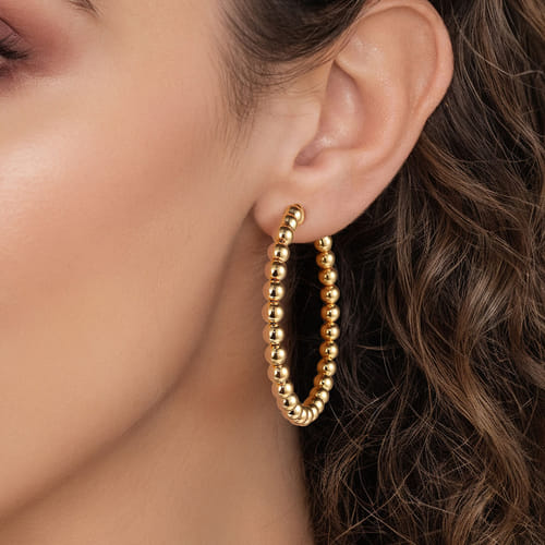 14K Yellow Plain Gold Bujukan Beads Classic Hoop Earrings 14K Yellow Plain Gold Bujukan Beads Classic Hoop Earrings