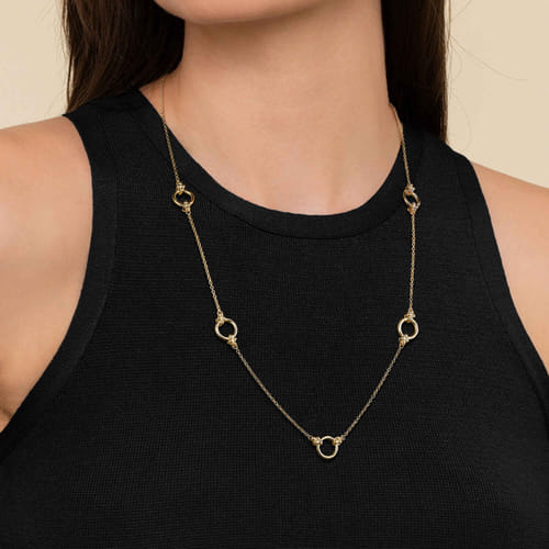 14K Yellow Plain Gold Bujukan Clover Link Chain Station Necklace