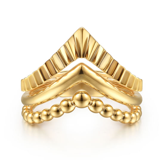 Gabriel - 14K Yellow Plain Gold Bujukan and Diamond Cut Texture Chevron Ring