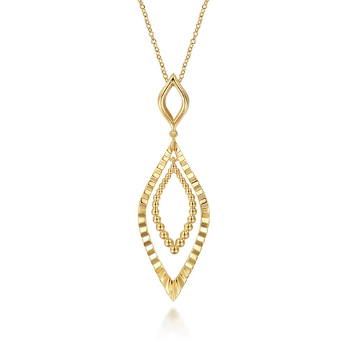 14K Yellow Plain Gold Bujukan and Diamond Cut Texture Marquise Drop Necklace