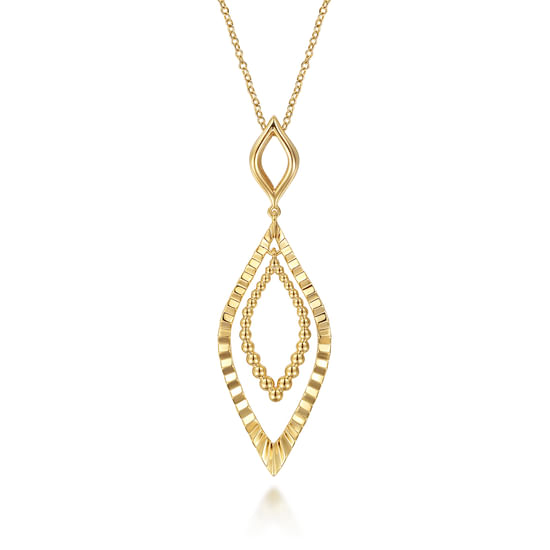 Gabriel - 14K Yellow Plain Gold Bujukan and Diamond Cut Texture Marquise Drop Necklace