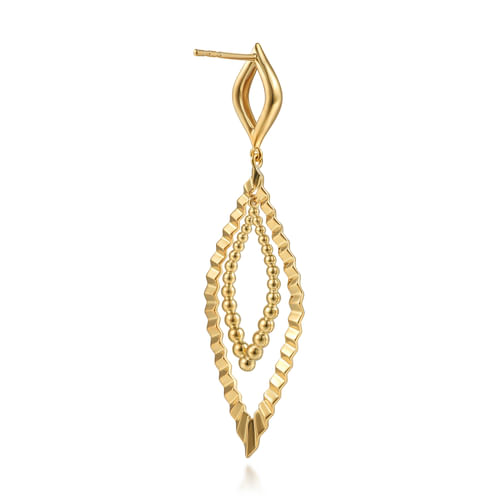 14K Yellow Plain Gold Bujukan and Diamond Cut Texture Marquise Stud Drop Earrings