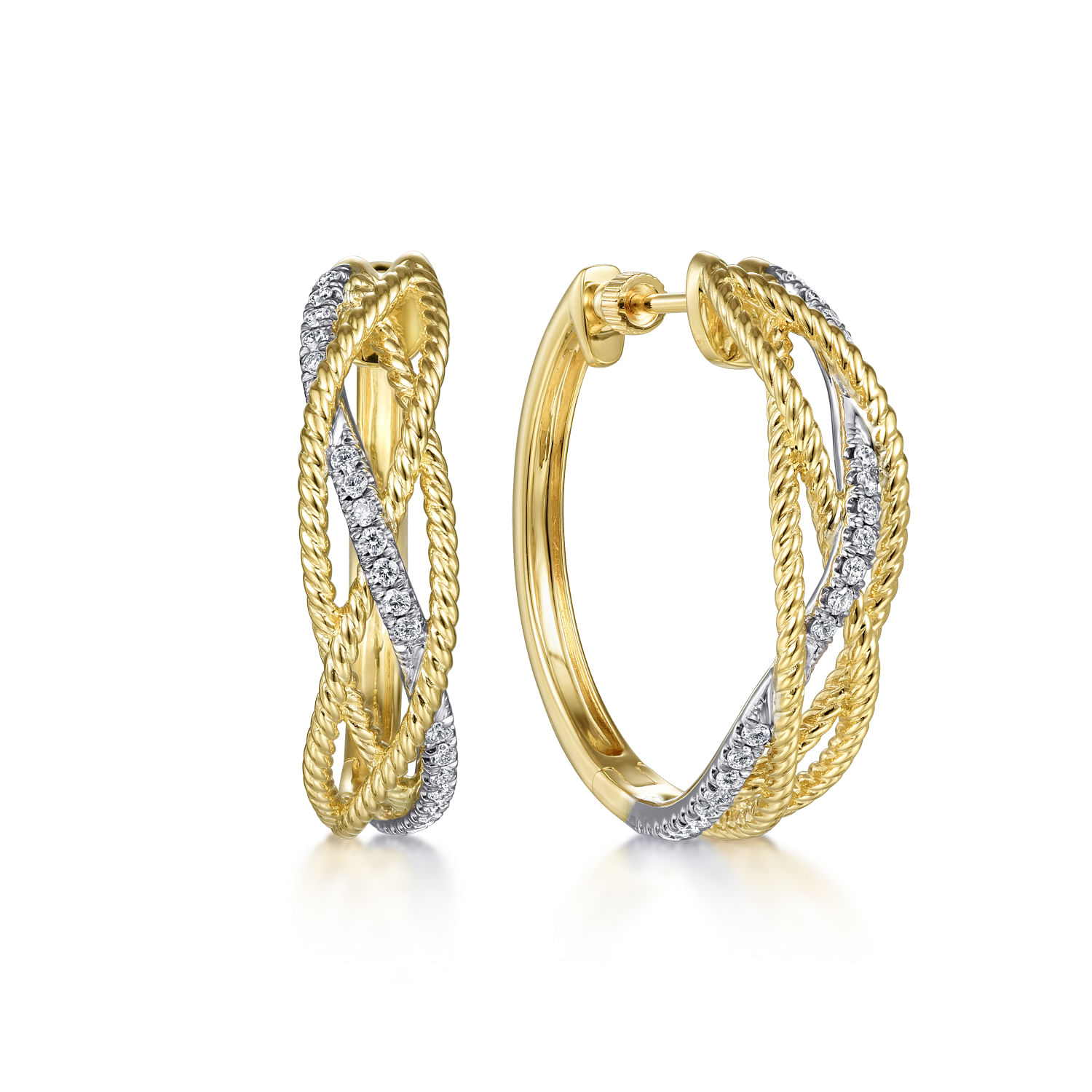 14K Yellow-White 30mm Twisted Rope and Diamond Classic Hoop Earrings
