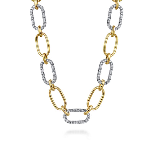 14K Yellow-White Chain Necklace with Diamond Link Stations