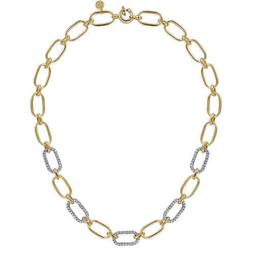 14K Yellow-White Chain Necklace with Diamond Link Stations