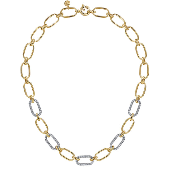 14K Yellow-White Chain Necklace with Diamond Link Stations angle 2