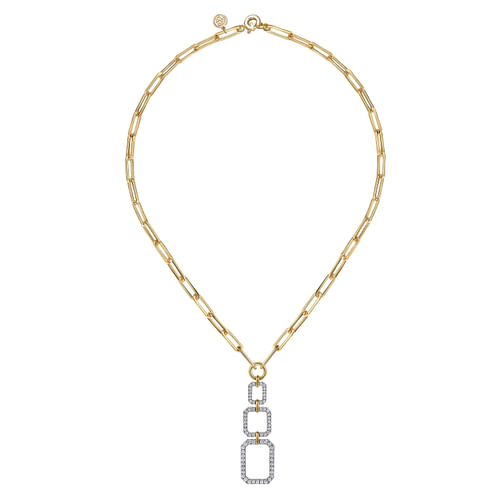 14K Yellow-White Chain Necklace with Geometric Pave Diamond Pendant