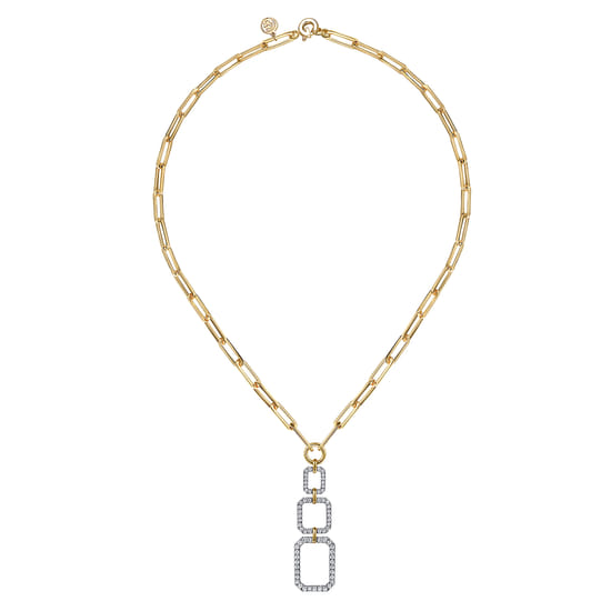 14K Yellow-White Chain Necklace with Geometric Pave Diamond Pendant angle 2