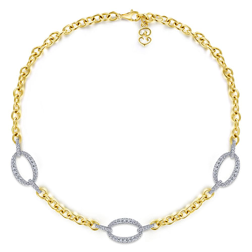 14K Yellow-White Chain Necklace with Oval Diamond Link Stations