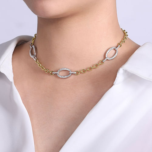 14K Yellow-White Chain Necklace with Oval Diamond Link Stations