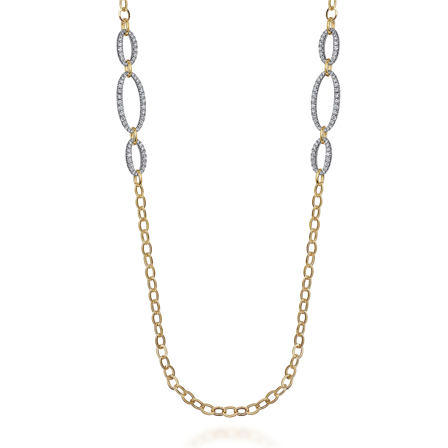 14K Yellow-White Chain Necklace woth Oval Pave Diamond Stations