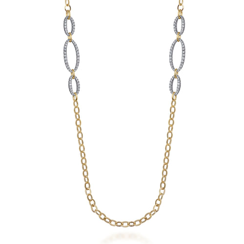 14K Yellow-White Chain Necklace woth Oval Pave Diamond Stations