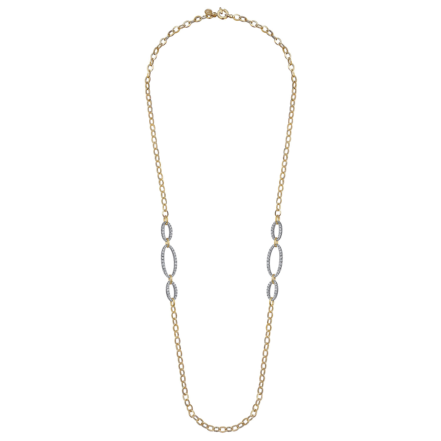 14K Yellow-White Chain Necklace woth Oval Pave Diamond Stations