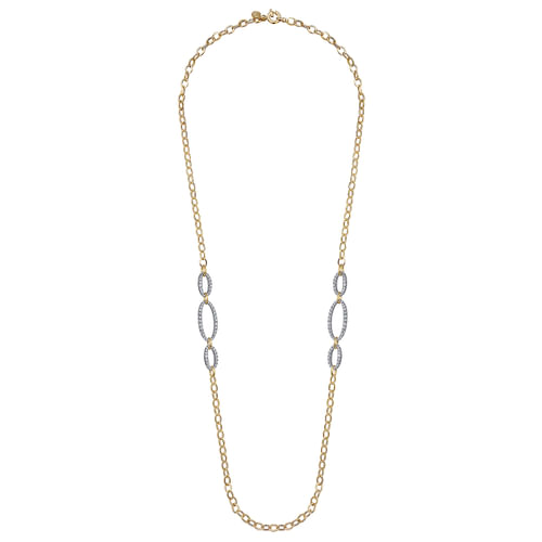 14K Yellow-White Chain Necklace woth Oval Pave Diamond Stations