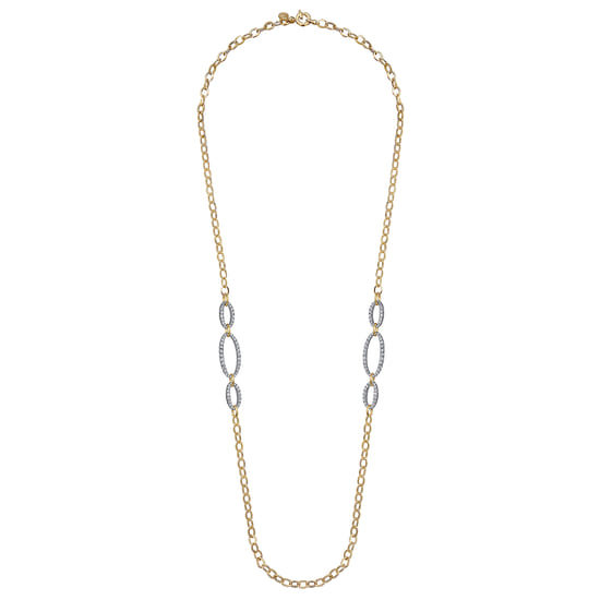 14K Yellow-White Chain Necklace woth Oval Pave Diamond Stations angle 2