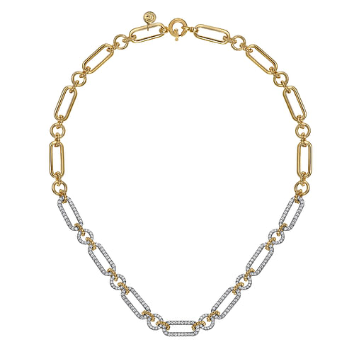 14K Yellow-White Chain Pave Link Necklace