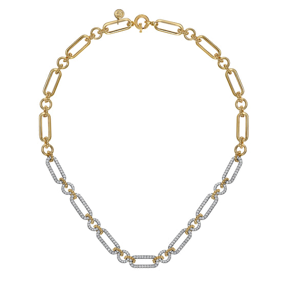 14K Yellow-White Chain Pave Link Necklace angle 2 14K Yellow-White Chain Pave Link Necklace angle 2