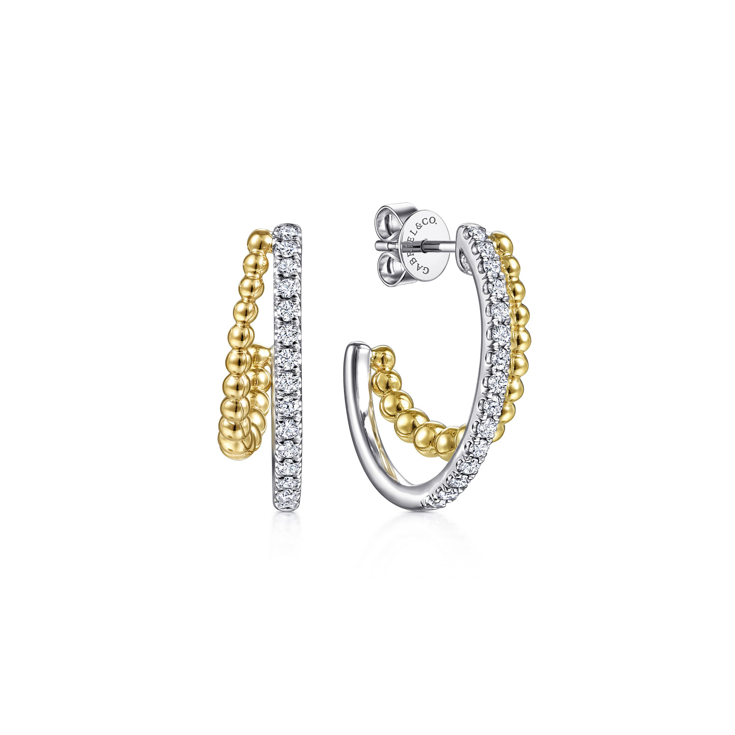 14K Yellow-White Gold 20 mm Diamond and Bead Double Row Classic Hoop Earrings