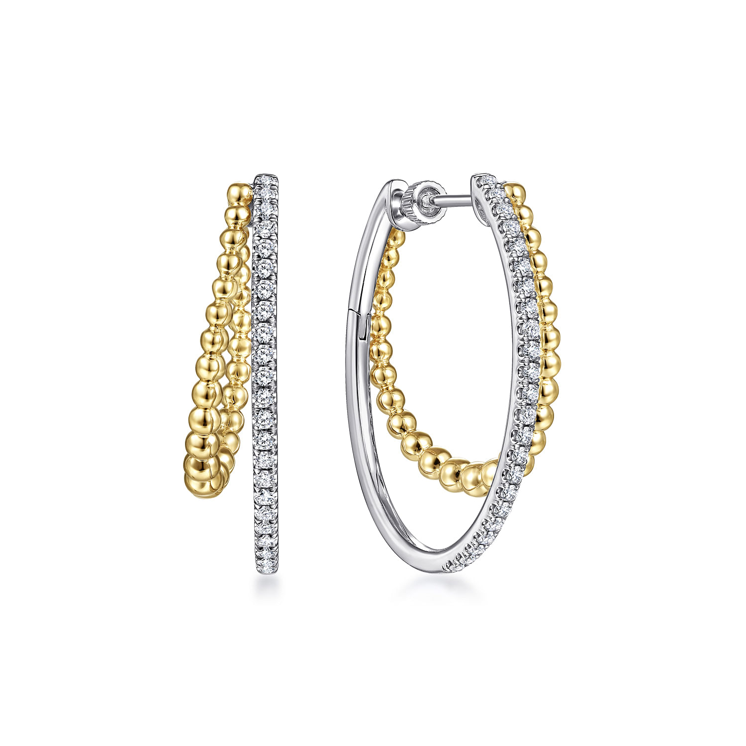 14K Yellow-White Gold 30mm Split Diamond Bujukan Classic Hoop Earrings