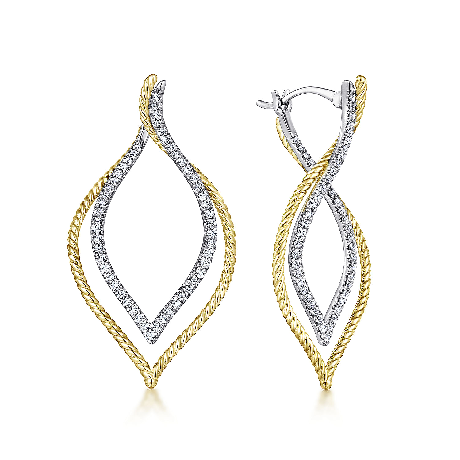 14K Yellow/White Gold 40mm Intricate Layered Diamond Hoop Earrings