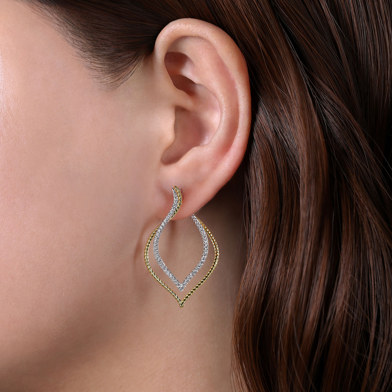 14K Yellow/White Gold 40mm Intricate Layered Diamond Hoop Earrings