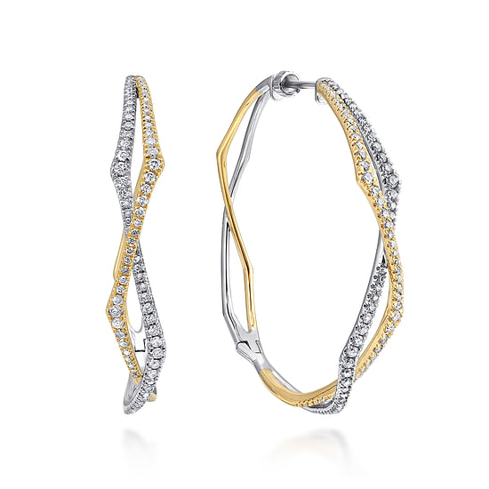 Gabriel - 14K Yellow-White Gold 40mm Twisted Rope and Diamond Intricate Hoop Earrings