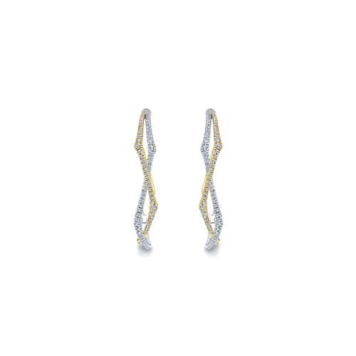 14K Yellow-White Gold 40mm Twisted Rope and Diamond Intricate Hoop Earrings