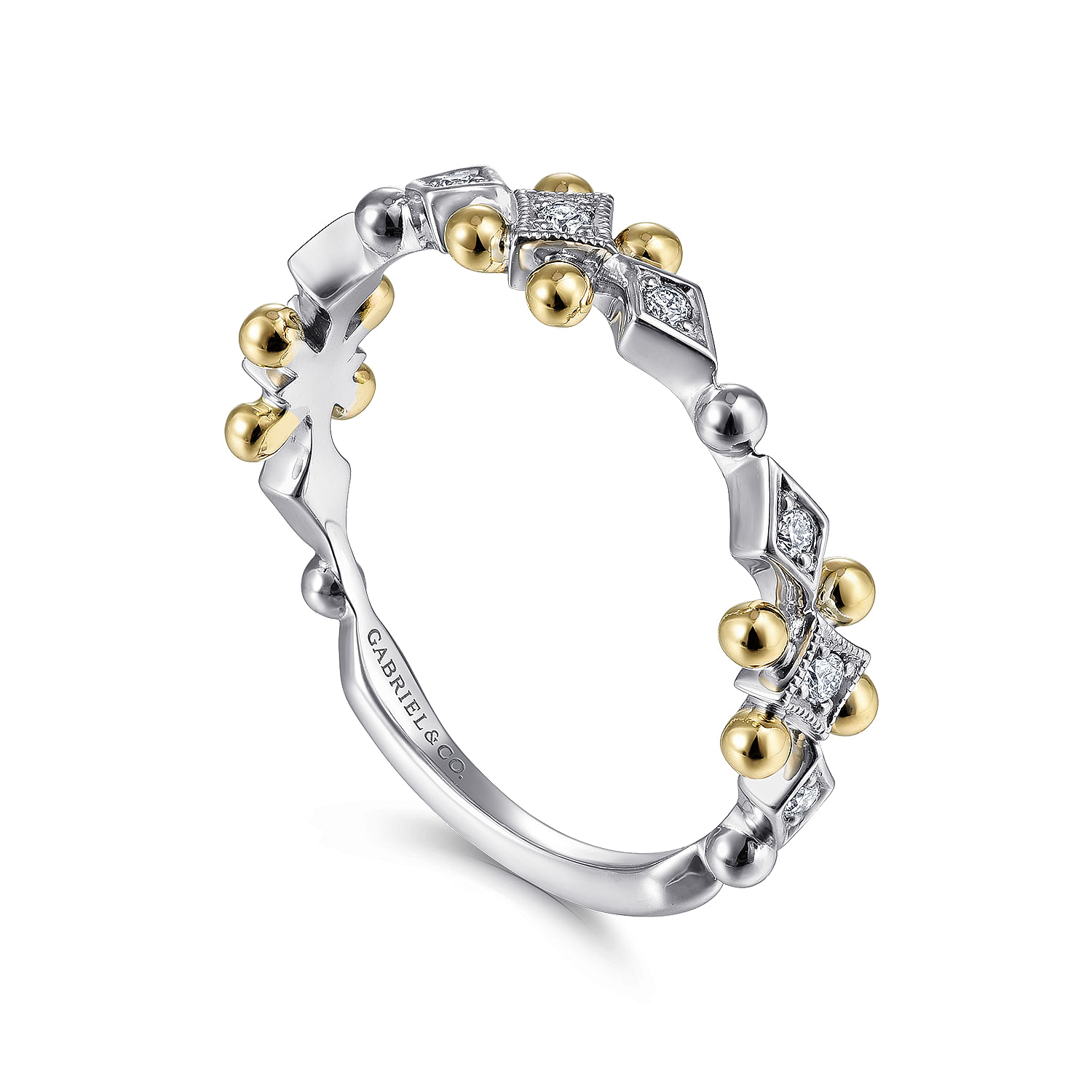 14K Yellow-White Gold Beaded Diamond Stackable Ring