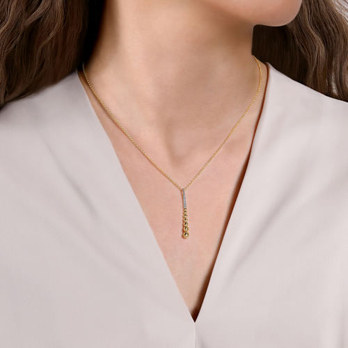 14K Yellow-White Gold Bujukan Bead Y Necklace with Diamond Pavé Accent