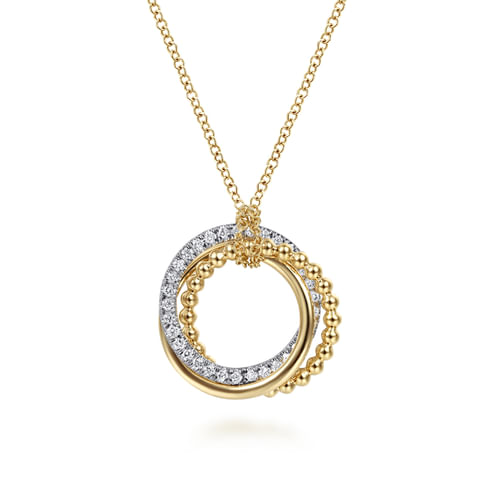 14K Yellow-White Gold Bujukan Diamond Interlocking Circles Pendant Necklace 