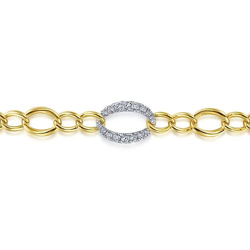 14K Yellow-White Gold Chain Link Bracelet with Diamond Pavé Oval Link Stations