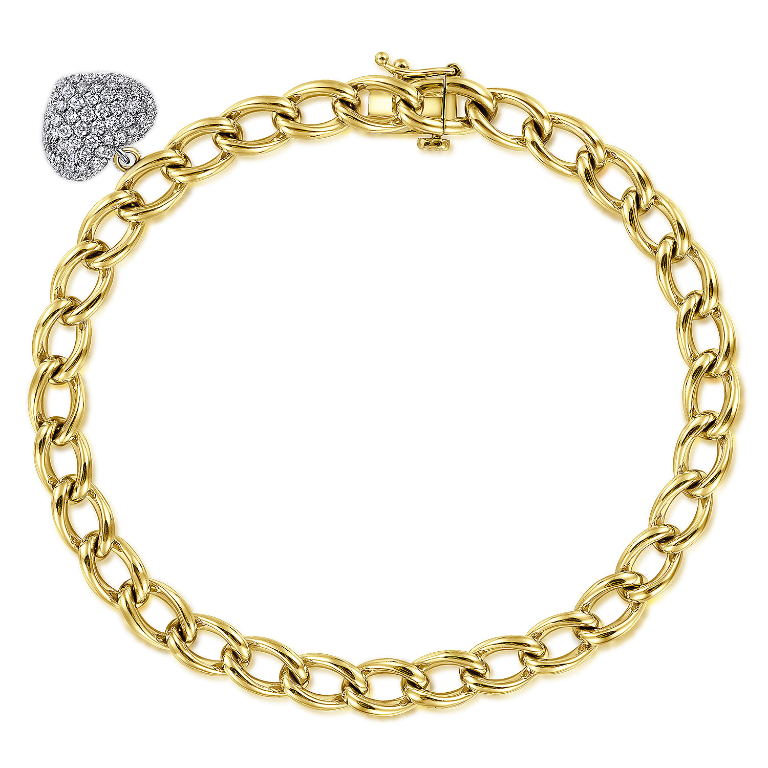 Gabriel - 14K Yellow-White Gold Chain Link Bracelet with Pavé Diamond Puff Heart Charm