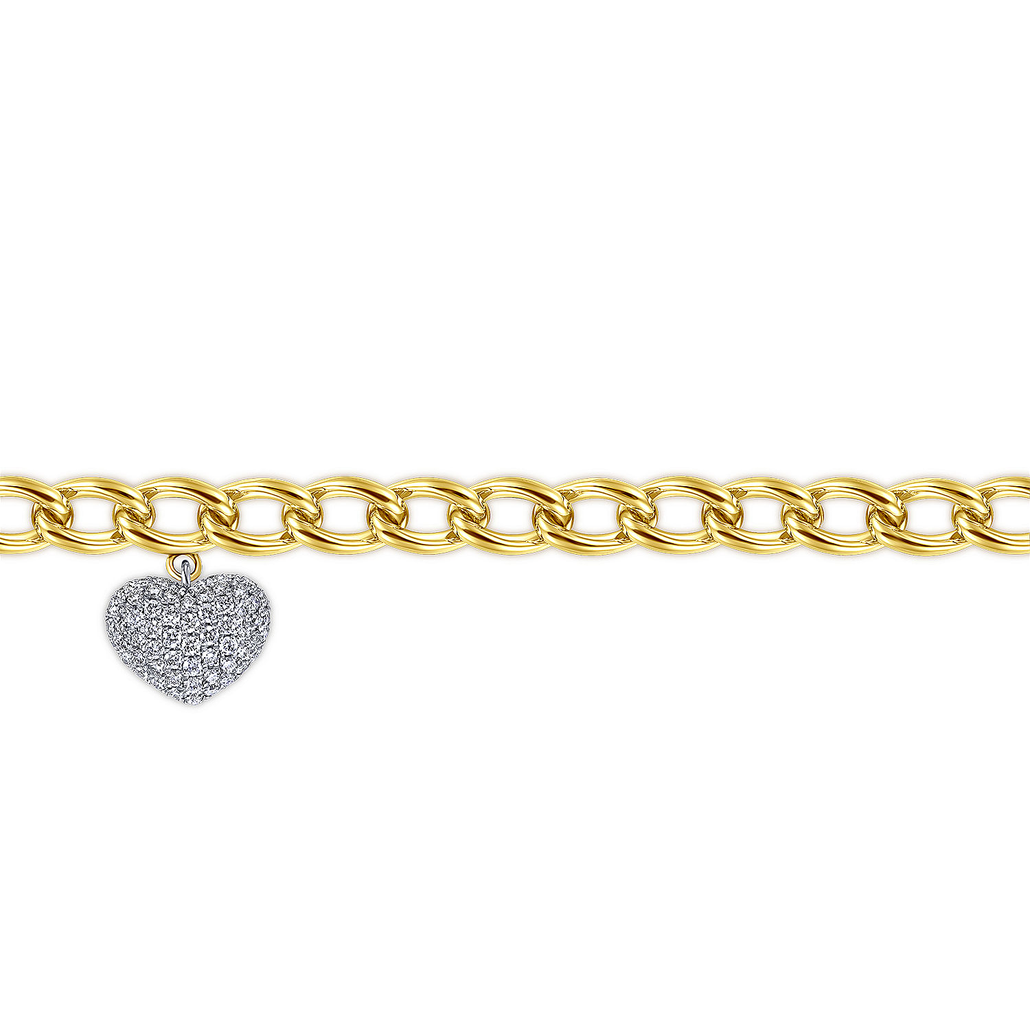 14K Yellow-White Gold Chain Link Bracelet with Pavé Diamond Puff Heart Charm