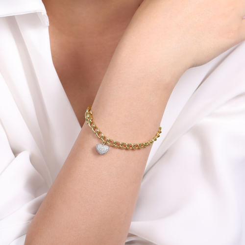 14K Yellow-White Gold Chain Link Bracelet with Pavé Diamond Puff Heart Charm