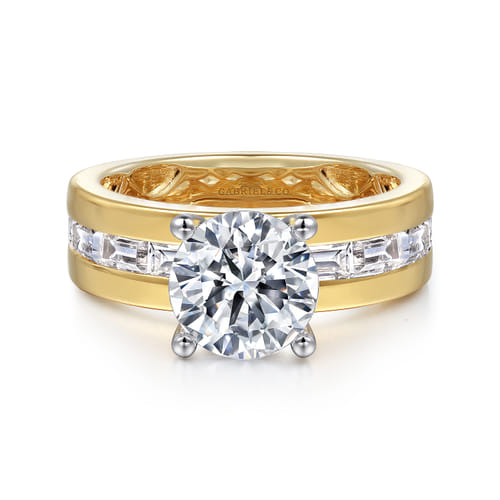 14K Yellow-White Gold Channel Set Baguette Wide Band Round Diamond Engagement Ring
