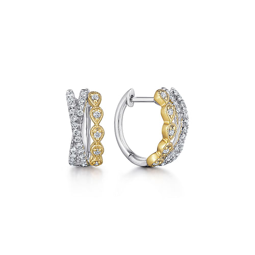 14K Yellow-White Gold Criss Cross 10mm Diamond Huggies