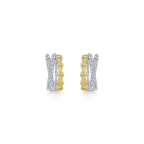 14K Yellow-White Gold Criss Cross 10mm Diamond Huggies