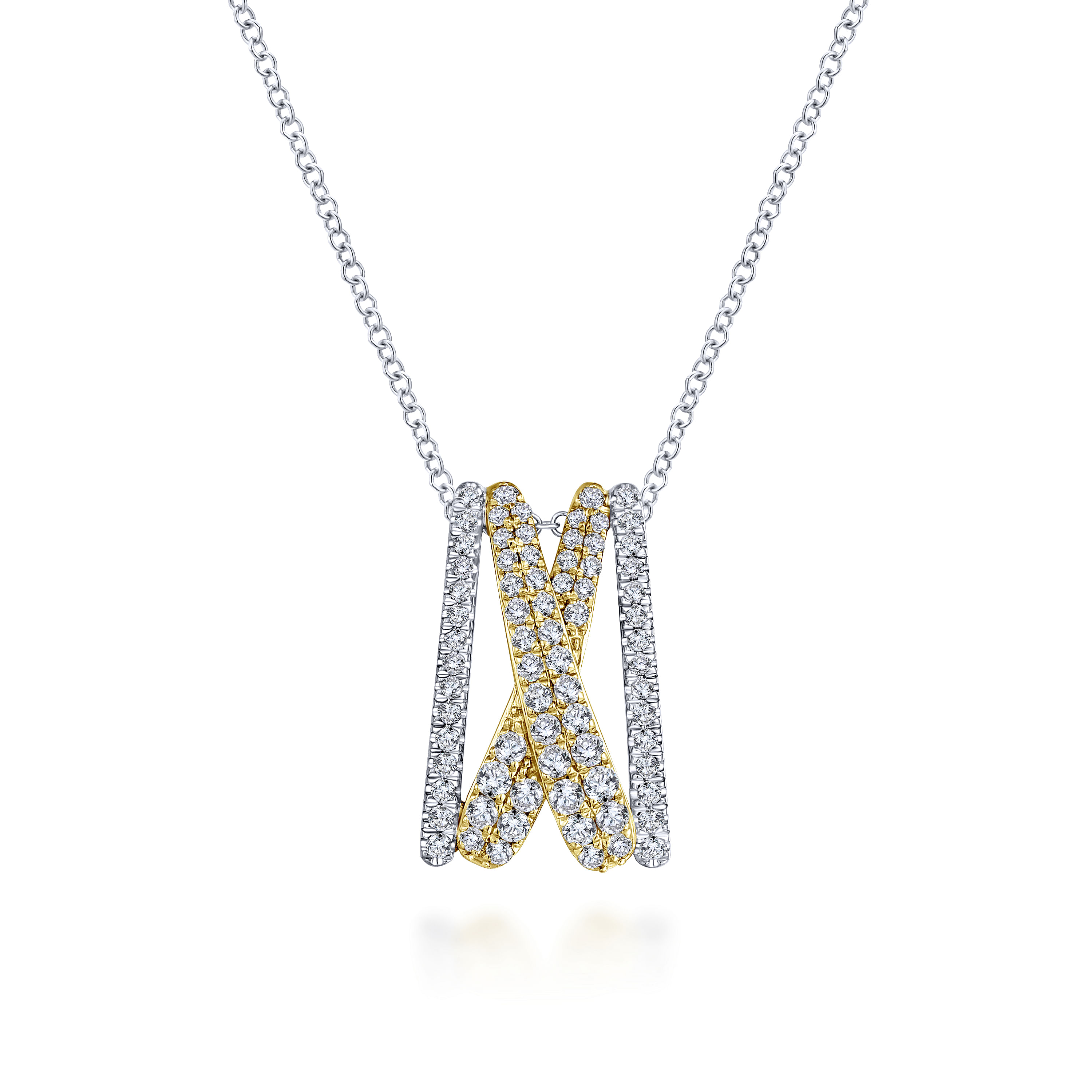 14K Yellow-White Gold Criss Cross Diamond Pendant Necklace